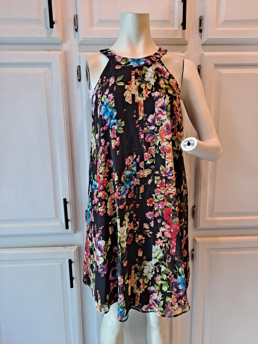 Betsey Johnson Black Floral Chiffon Halter Midi Swing Dress Multicolor Blooms